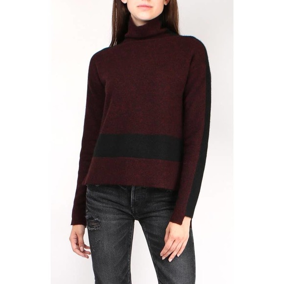 Veronica Beard Denisa Turtleneck Sweater Merino Wool Yak Blend Burgundy/ Black - Picture 2 of 13